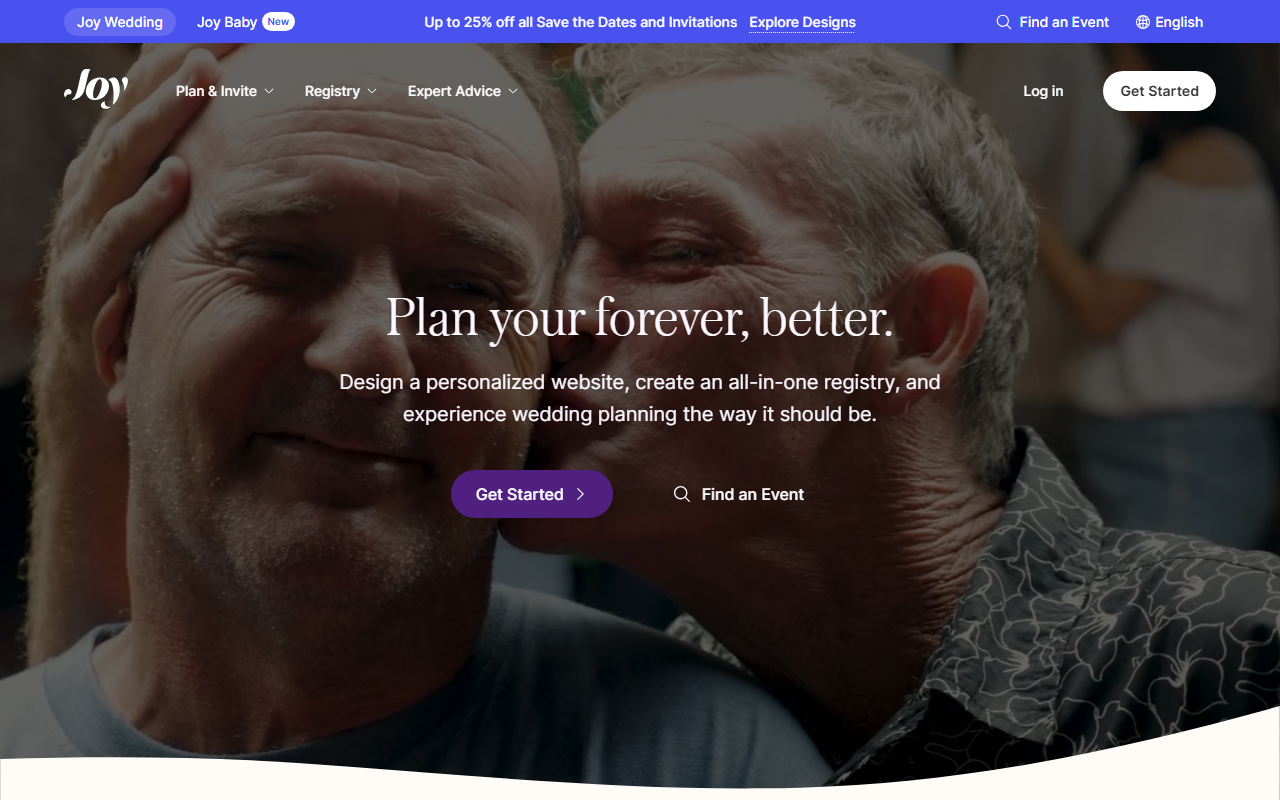 Joy (withjoy.com) homepage in 2026 — free wedding website, registry, and guest tools
