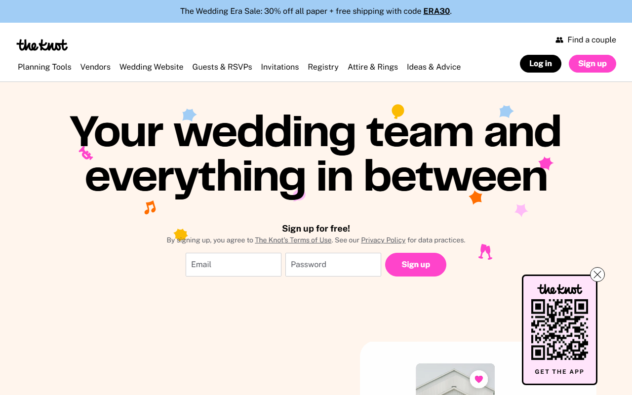 The Knot homepage in 2026 — wedding planning tools, vendor directory, and registry navigation